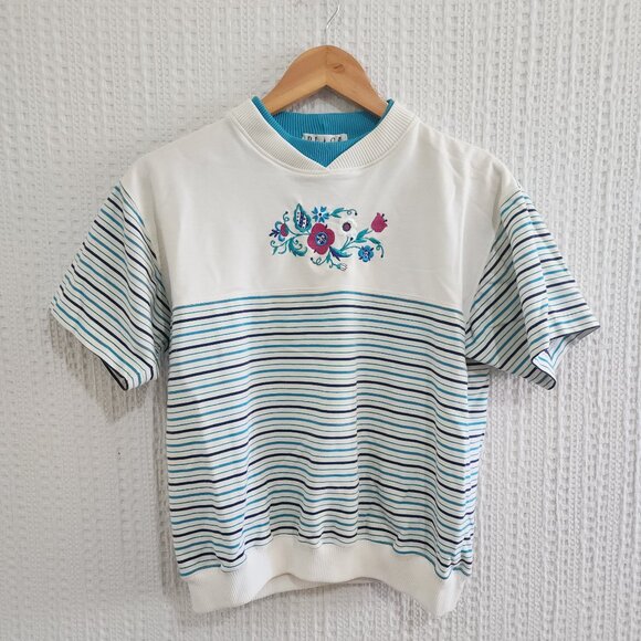 Vintage Tops - Vintage 80's Embroidered Striped Knit Top Women's Size Small Petite